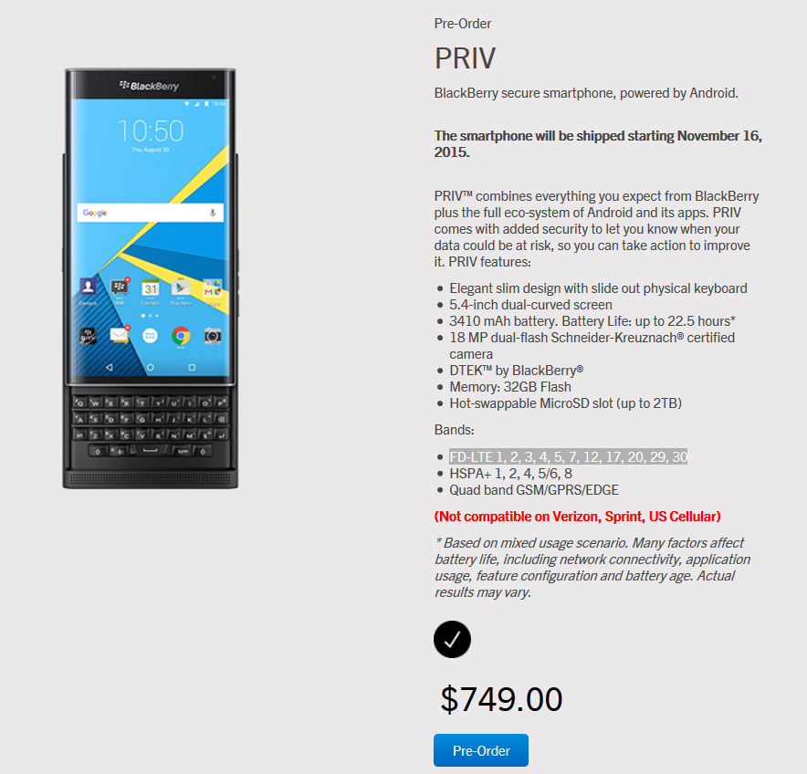 BlackBerry Priv will soon sell on Verizon